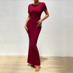 Elegant solid color women's slim fit round neck dress by Trendy Attic Store01, featuring a sleek and stylish design.