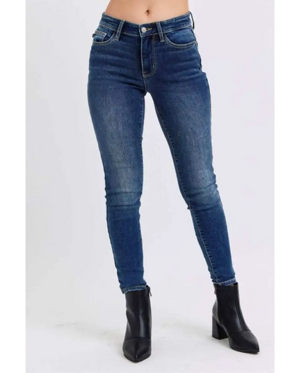 Judy Blue Blue Denim Skinny Jeans in dark wash with thermal lining at Plush Fashion Shop