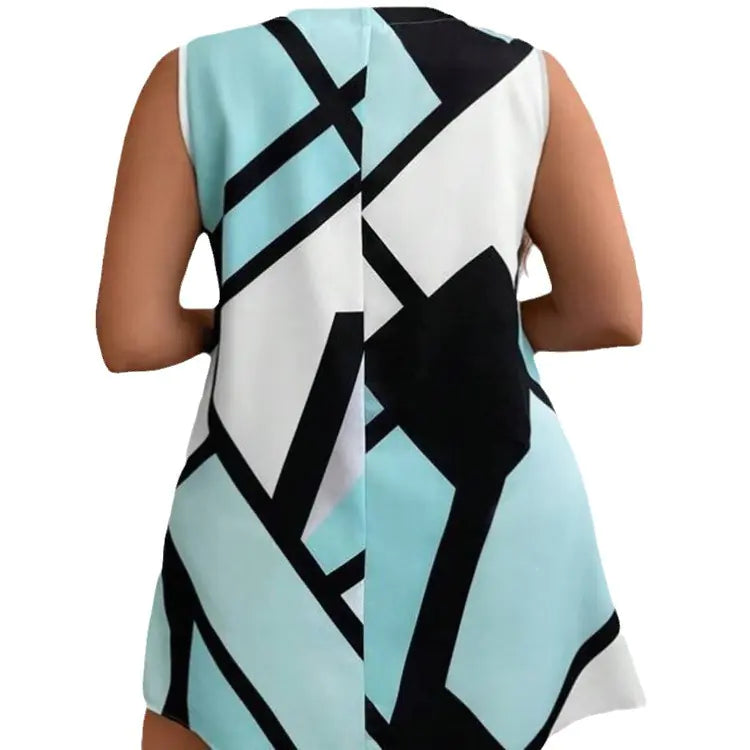 Women’s sleeveless V-neck dress with geometric print, stylish fashion piece from Trendy Attic Store01.