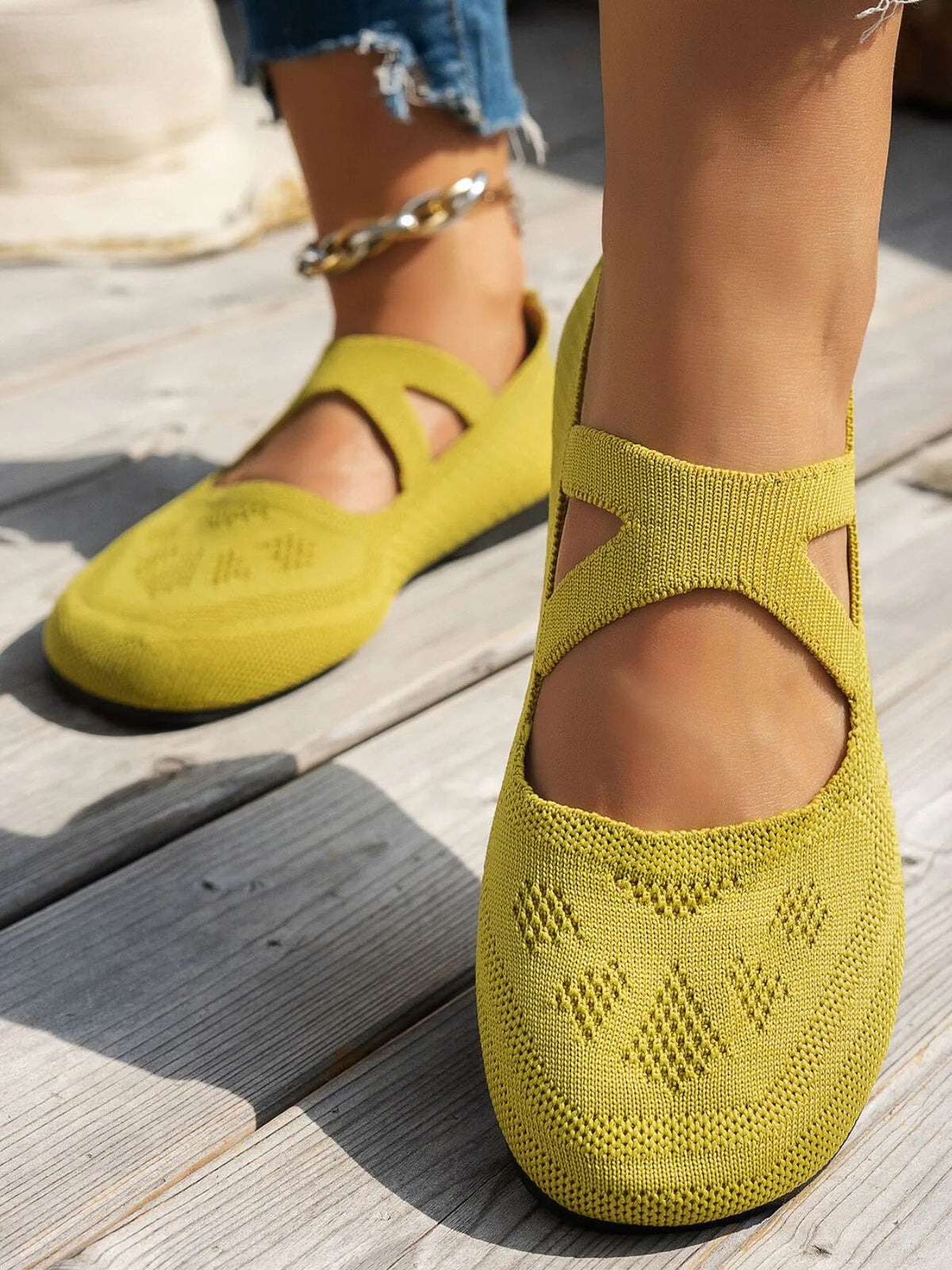 Women’s breathable knit Mary Jane slip-on loafers with a strap, flat shoes by Plush Fashion Hub.