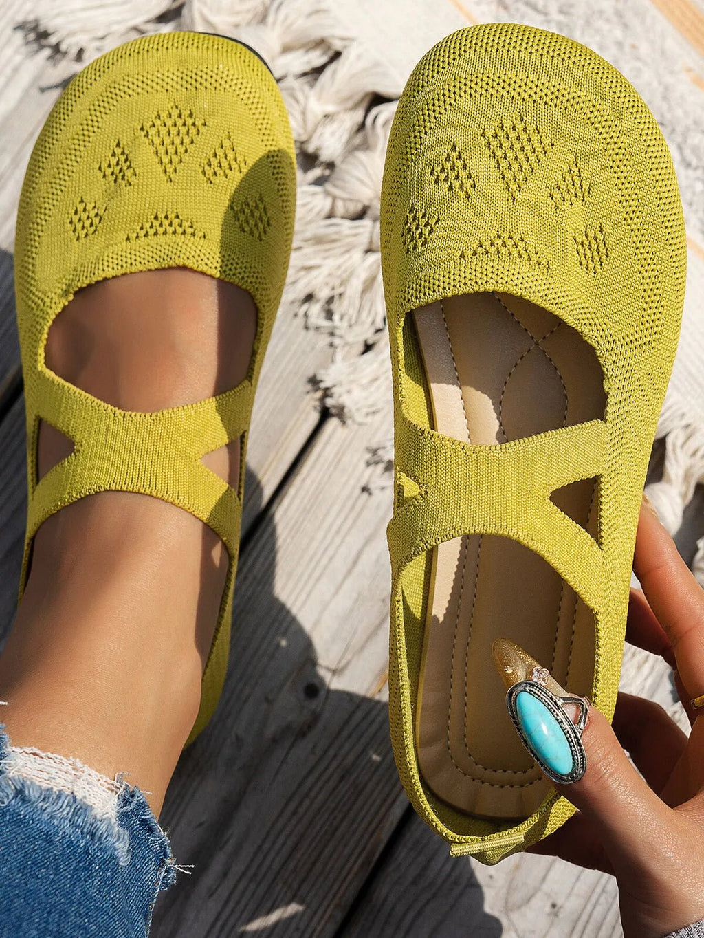 Women's breathable knit Mary Jane slip-on loafers with strap, comfortable flat shoes from Trendsi.