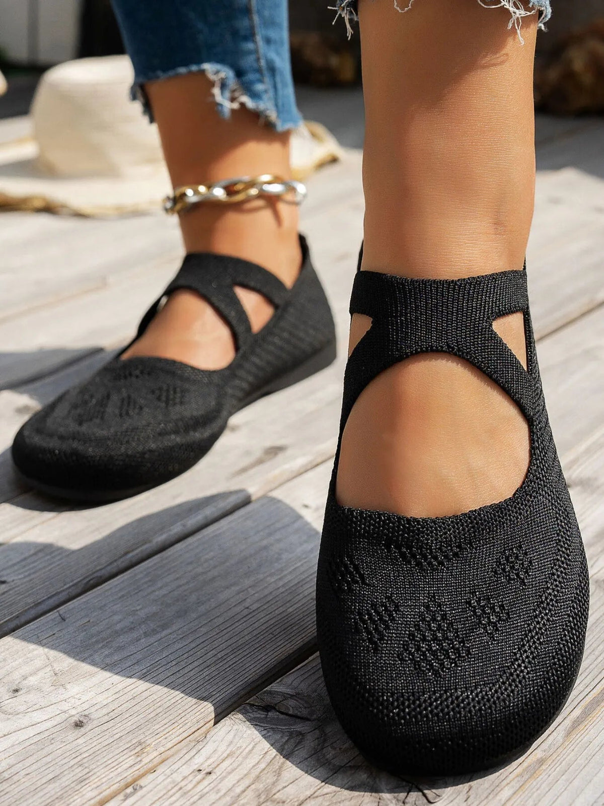 Women’s breathable knit Mary Jane slip-on loafers with a strap, flat shoes by Plush Fashion Hub.