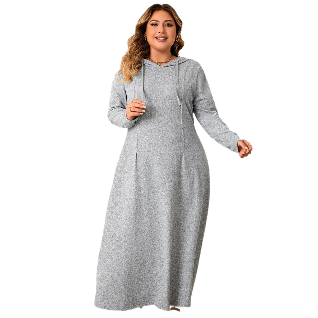 Plus size hooded A-line casual dress for women in autumn, featuring a relaxed fit and comfortable style from Plush Fashion Hub.