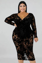 Plus size black lace bodycon dress for women, stylish and fitted, shown from the front with intricate lace details.