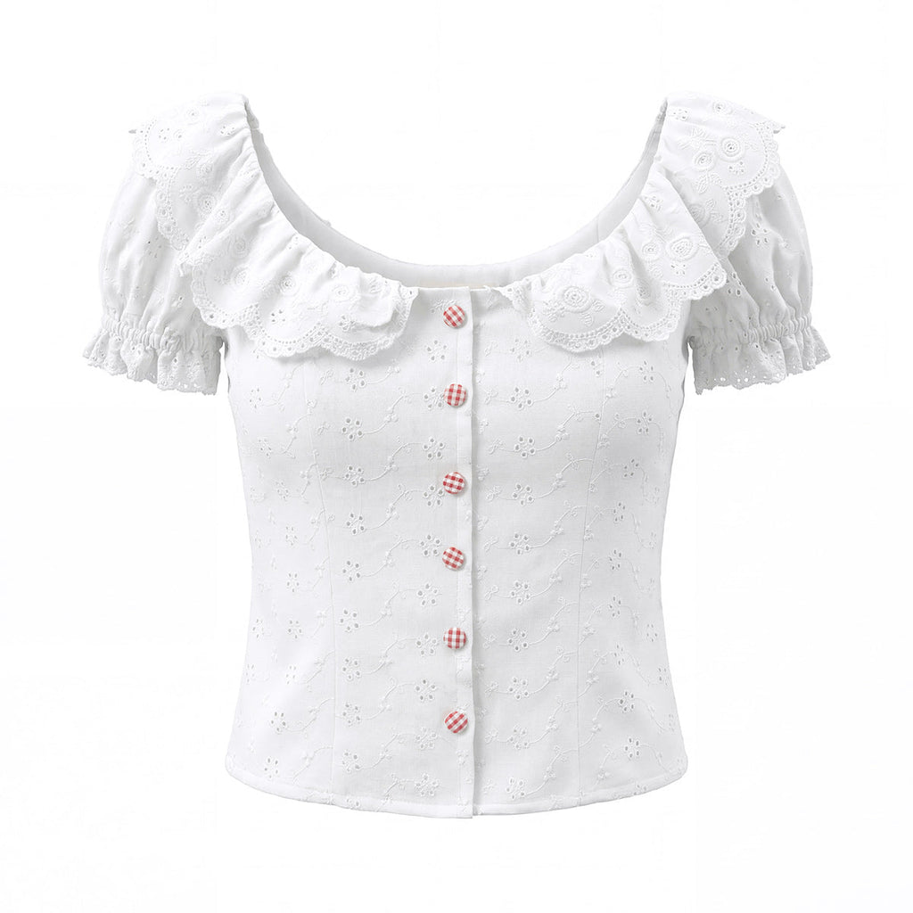 White lace-collar bubble sleeve top by Bella Mia featuring a retro single-breasted design, cutout embroidery, and a fitted waist.