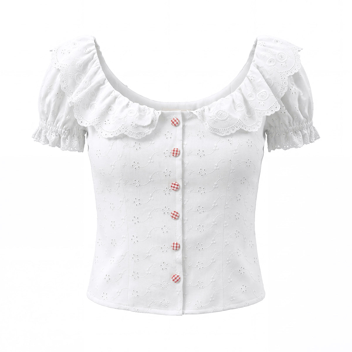 White women's shirt with lace collar, bubble sleeves, embroidered waist, and cutout details, featuring a retro, elegant, and fitted design.