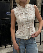 Lace crochet sleeveless top with stand collar in three colors, slim-fit casualwear by FitiqueFit, available in sizes S to L.