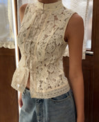 Lace crochet sleeveless top with stand collar in three colors, slim fit, casualwear by FitiqueFit in size S to L