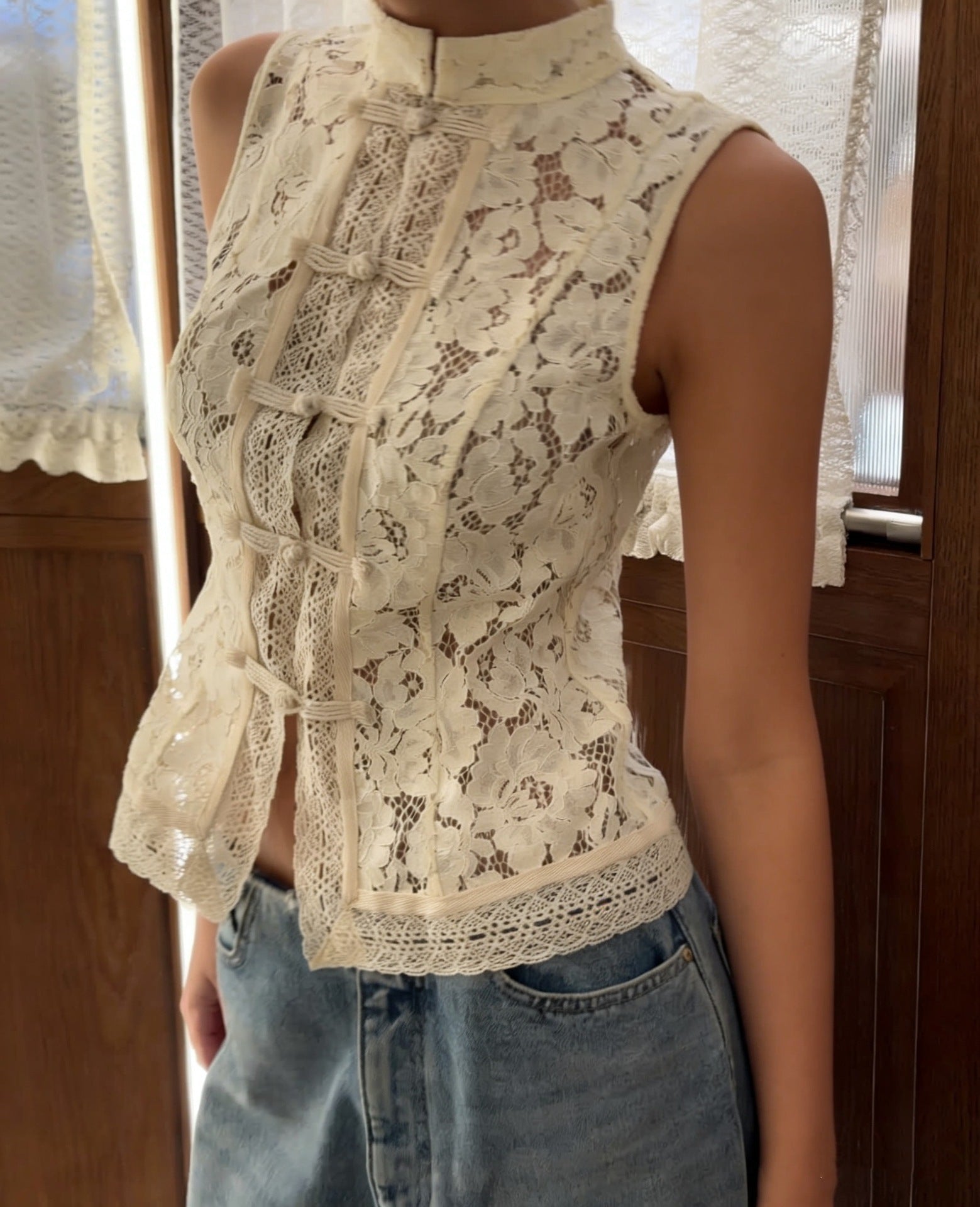 Lace crochet sleeveless top with stand collar in three colors, slim fit, casualwear by FitiqueFit in size S to L