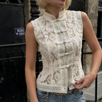 Lace crochet sleeveless top with stand collar in three colors, slim-fit casualwear by FitiqueFit, available in sizes S to L.
