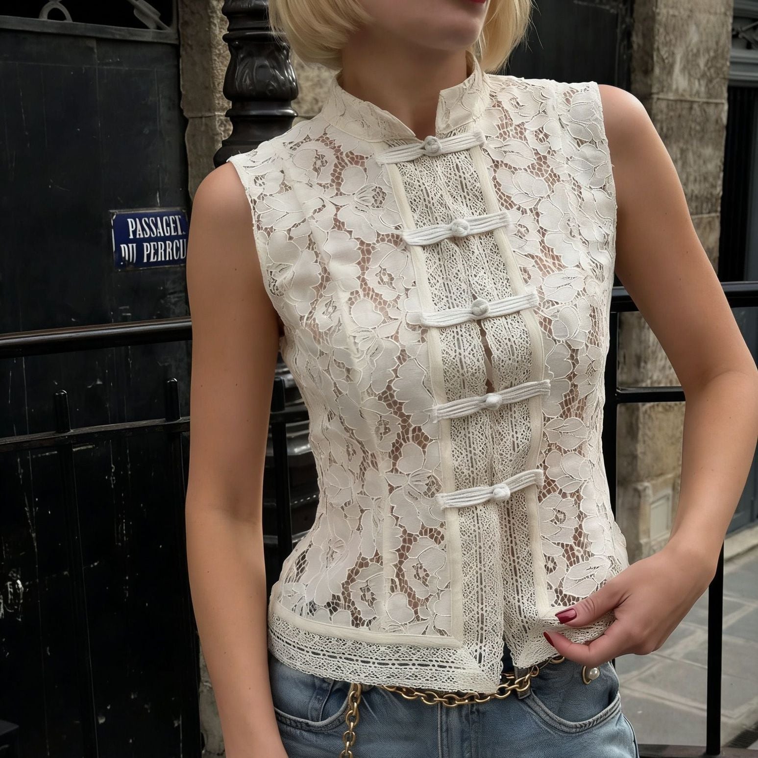 Lace crochet sleeveless top with stand collar in three colors, slim-fit casualwear by FitiqueFit, available in sizes S to L.