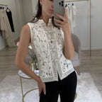 Lace crochet sleeveless top with stand collar in three colors, slim fit, casualwear by FitiqueFit, available in S to L sizes.