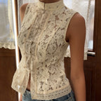 Lace crochet sleeveless top with stand collar in three colors, slim fit, casualwear from FitiqueFit, available in S to L sizes.