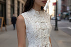 Lace crochet sleeveless top with stand collar in three colors, slim fit, casualwear from FitiqueFit, available in sizes S to L.