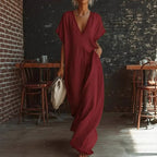 Lace-trimmed loose linen cotton long dress for women by FitiqueFit, casualwear with a relaxed fit and elegant lace details.