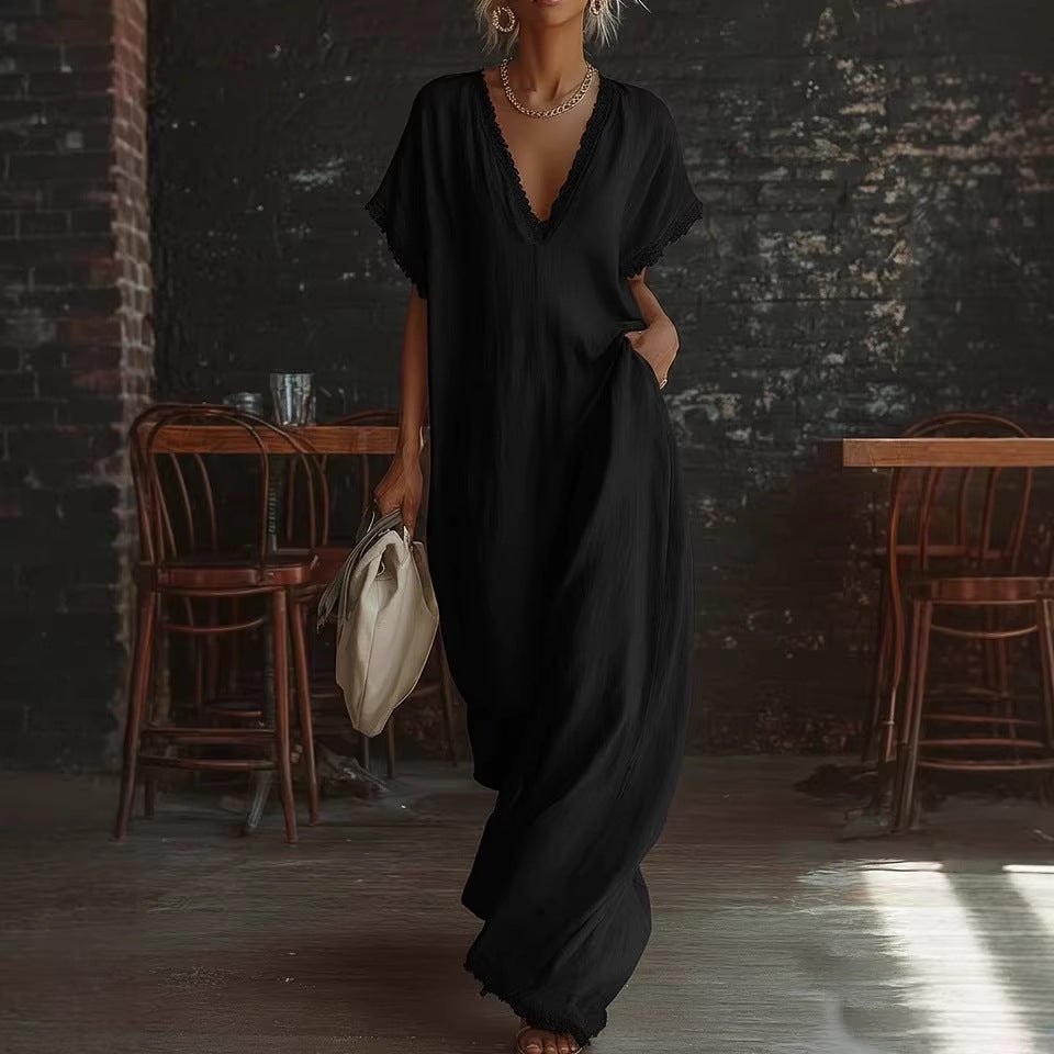 Lace-trimmed loose linen cotton long dress for women, casualwear by FitiqueFit, featuring a relaxed fit and delicate lace details.