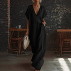 Lace-trimmed loose linen cotton long dress for women, casualwear by FitiqueFit, featuring a relaxed fit and delicate lace details.
