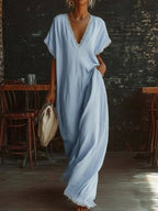 Lace-trimmed loose long linen cotton dress for women by FitiqueFit, casualwear with elegant lace details and relaxed fit.