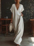 Lace-trimmed loose long dress for women in linen and cotton, casual wear by FitiqueFit, shown hanging on a wooden hanger.