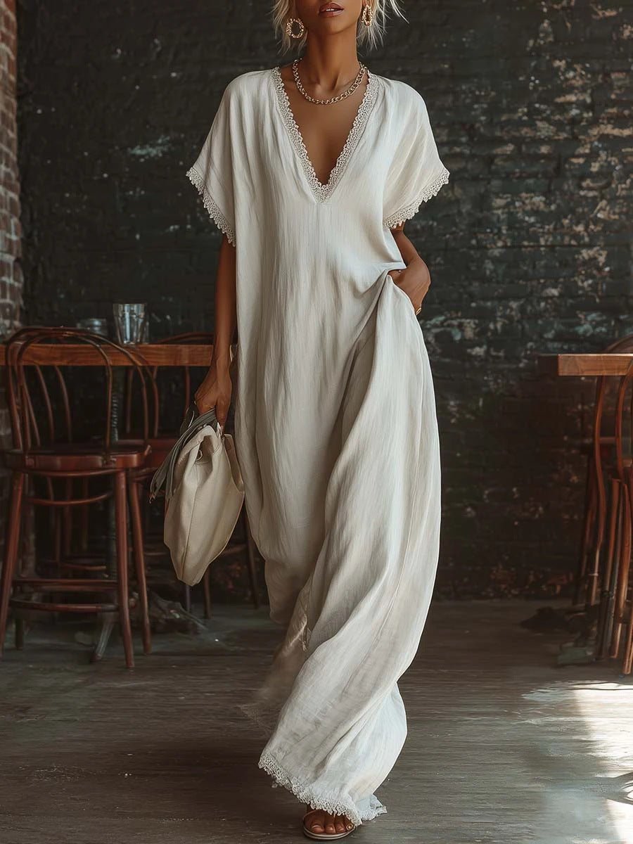 Lace-trimmed loose long dress for women in linen and cotton, casual wear by FitiqueFit, shown hanging on a wooden hanger.