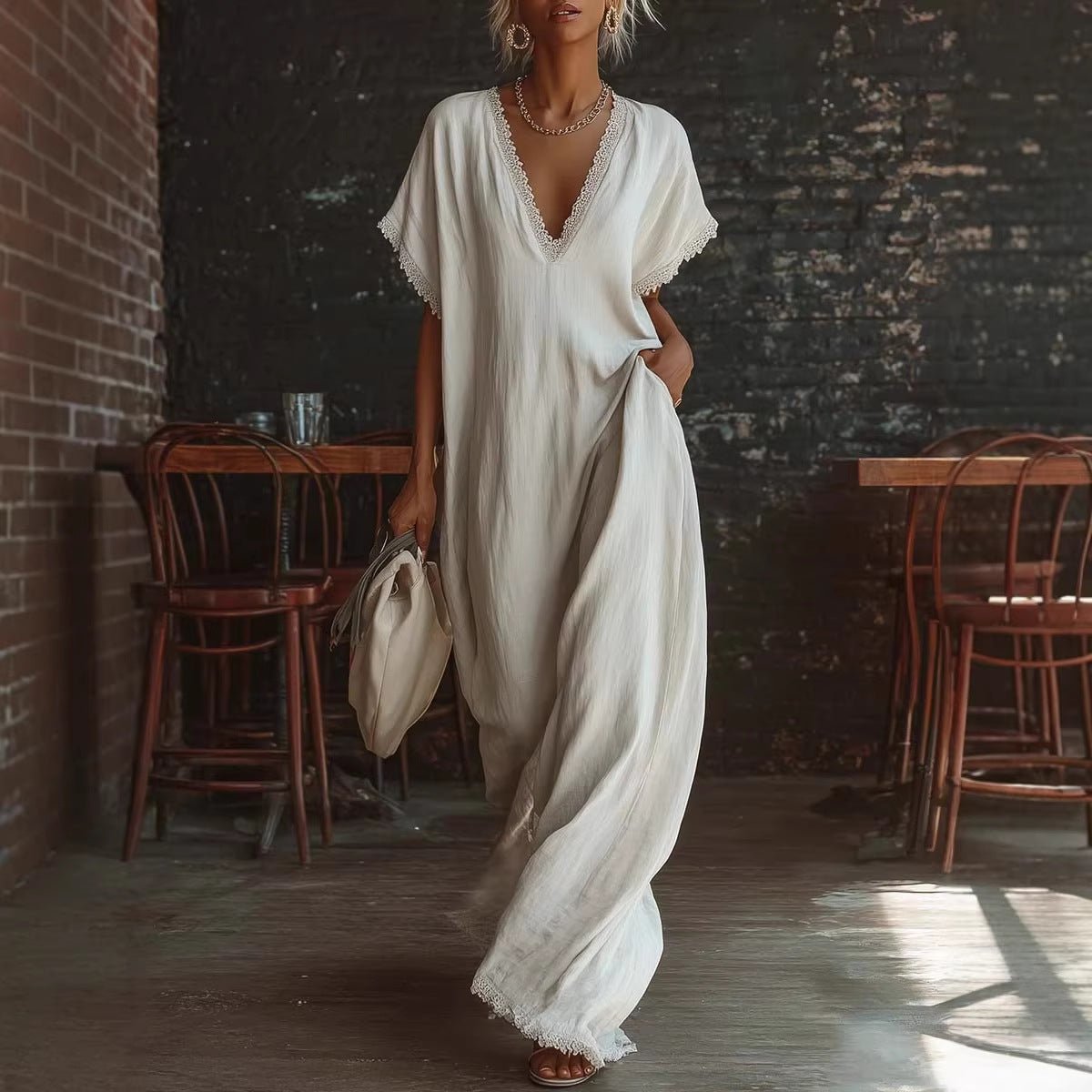 Lace-trimmed loose linen cotton long dress for women, casualwear by FitiqueFit, shown with a relaxed fit and delicate lace details.
