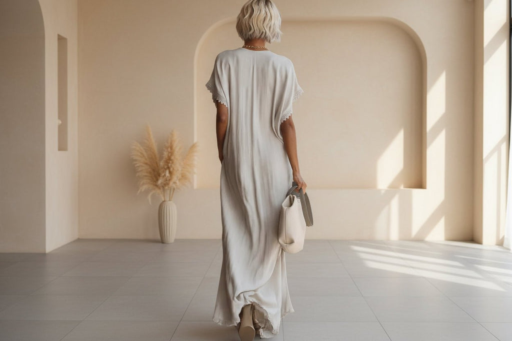 Lace-trimmed loose cotton linen long dress for women by FitiqueFit, casualwear with delicate lace details and relaxed fit.