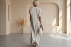 Lace-trimmed loose cotton linen long dress for women by FitiqueFit, casualwear with delicate lace details and relaxed fit.