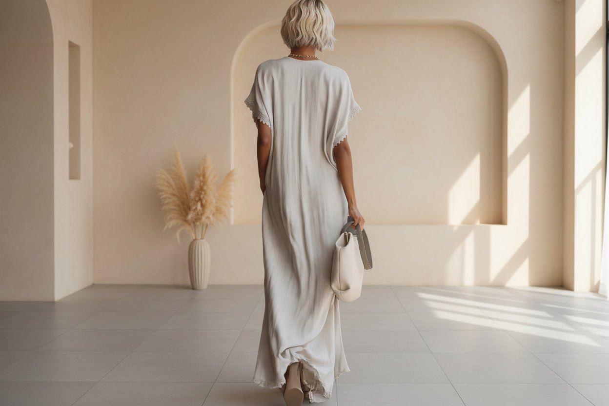 Lace-trimmed loose cotton linen long dress for women by FitiqueFit, casualwear with delicate lace details and relaxed fit.