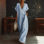 Lace-trimmed loose linen cotton long dress for women by FitiqueFit, casualwear with delicate lace detailing and relaxed fit.