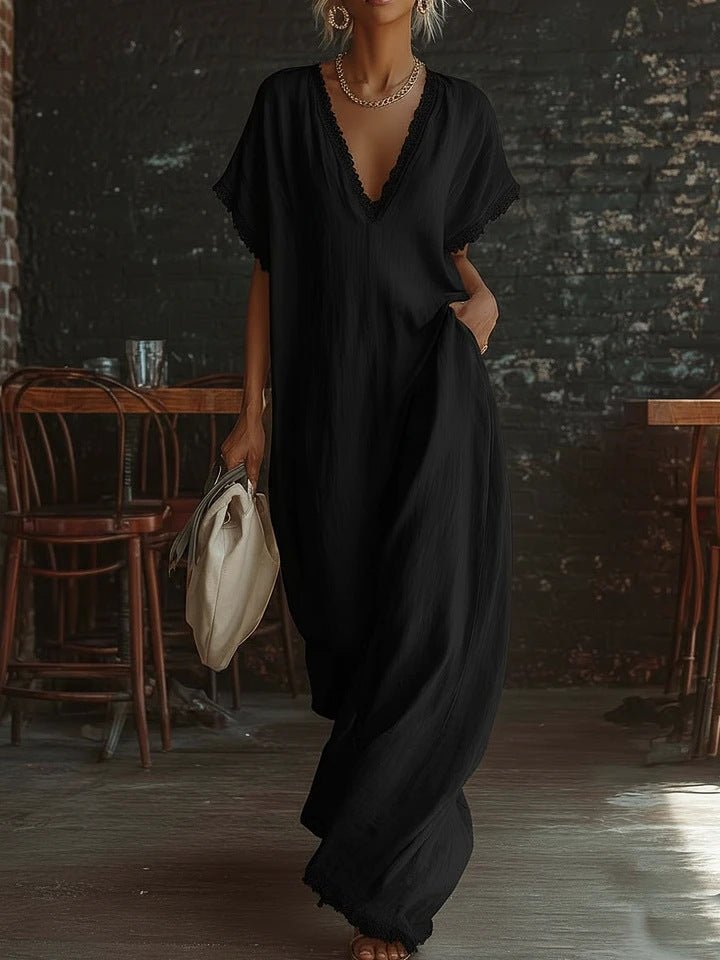 Lace-trimmed loose linen cotton long dress for women by FitiqueFit, casualwear with delicate lace details and a relaxed fit.
