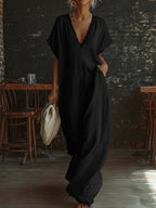 Lace-trimmed loose linen cotton long dress for women by FitiqueFit, casualwear with delicate lace details and a relaxed fit.