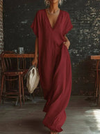 Lace-trimmed loose long linen cotton dress for women, casualwear by FitiqueFit, featuring a relaxed fit and delicate lace details.