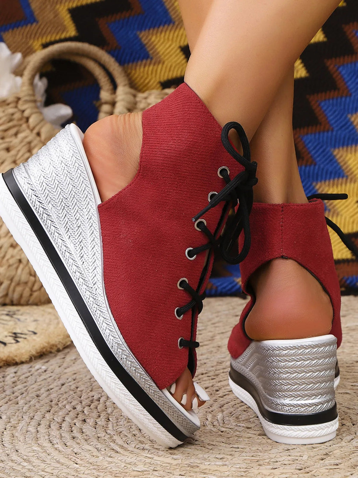 Women's lace-up open toe mid-heel wedge sandals by Plush Fashion Hub, featuring stylish design and comfortable heel height.