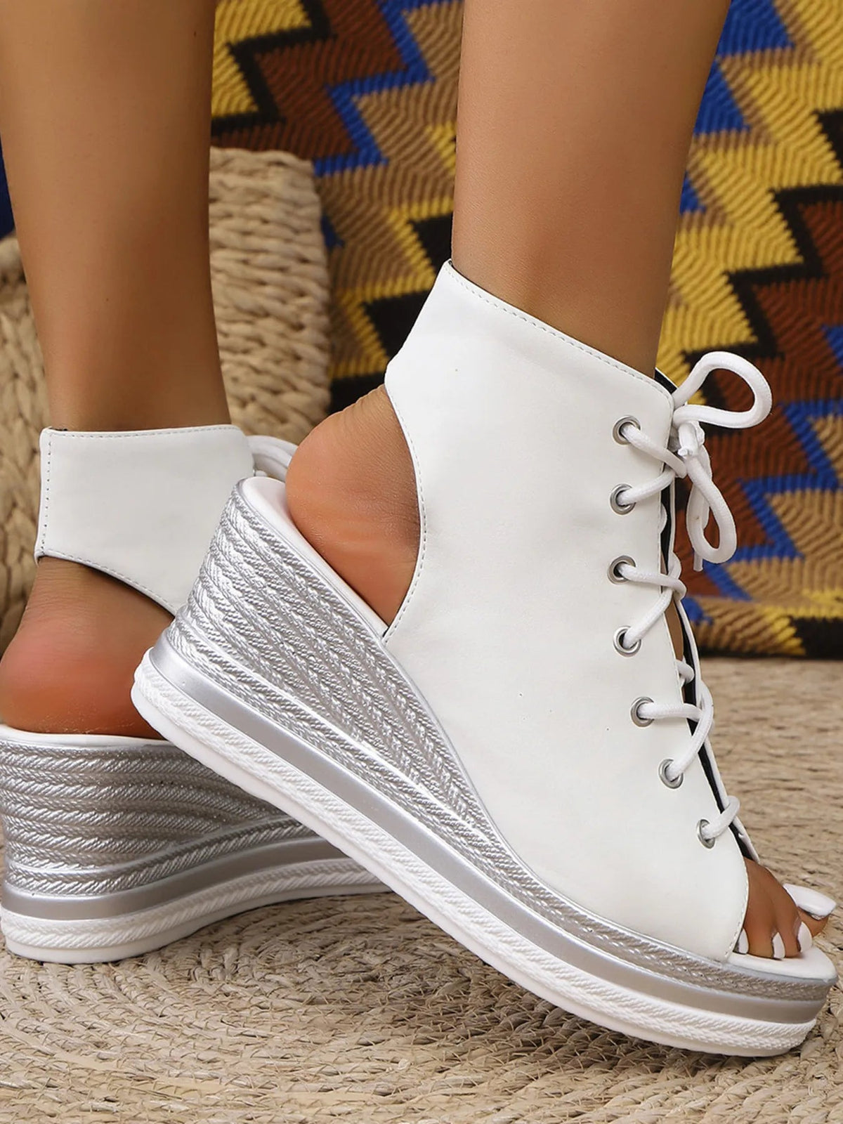 Women's lace-up open toe wedge sandals with mid-heels from Plush Fashion Hub, featuring a stylish design and comfortable fit.