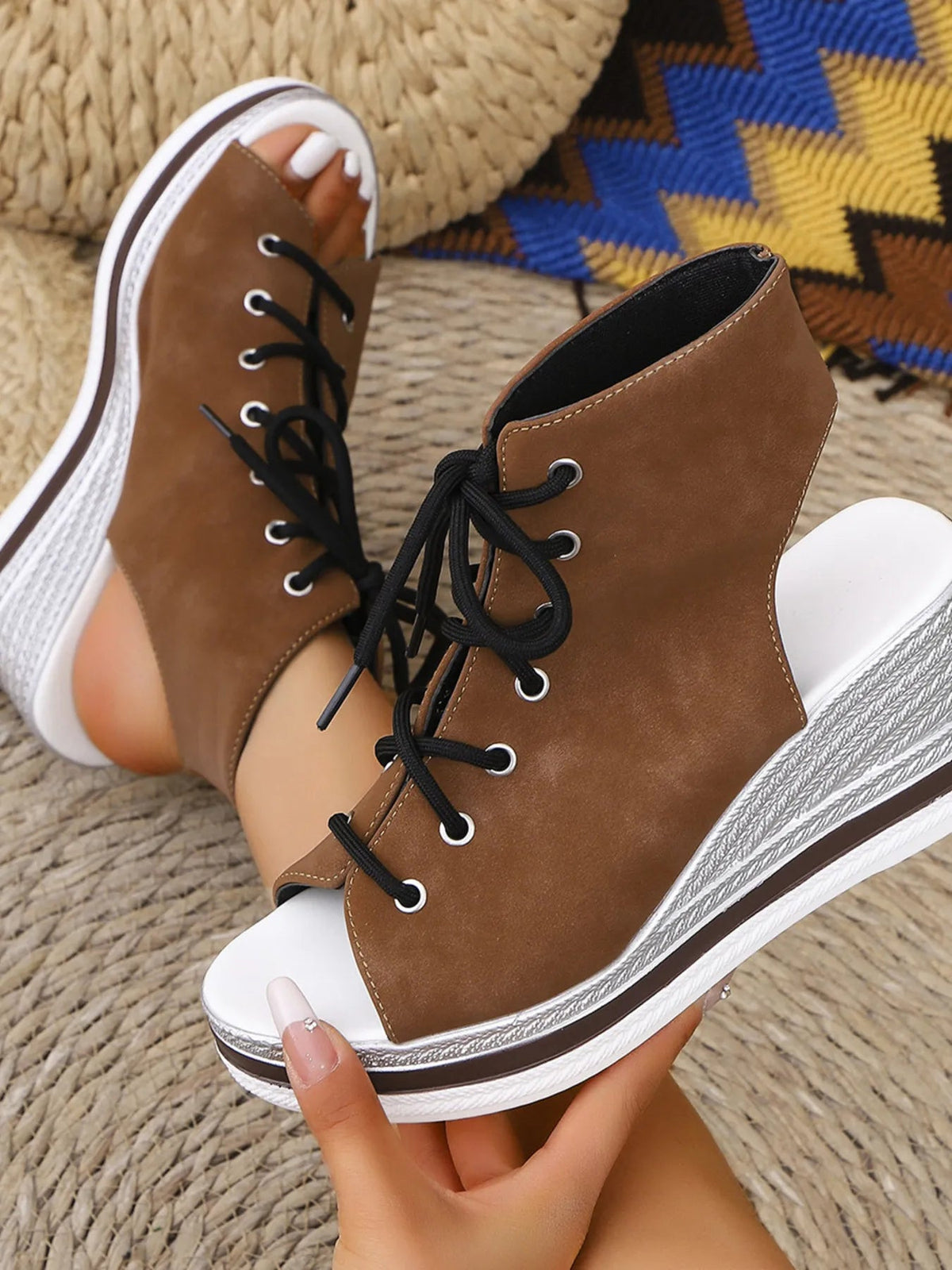 Women's lace-up open toe mid-heel wedge sandals by Plush Fashion Hub, featuring stylish straps and comfortable sole.