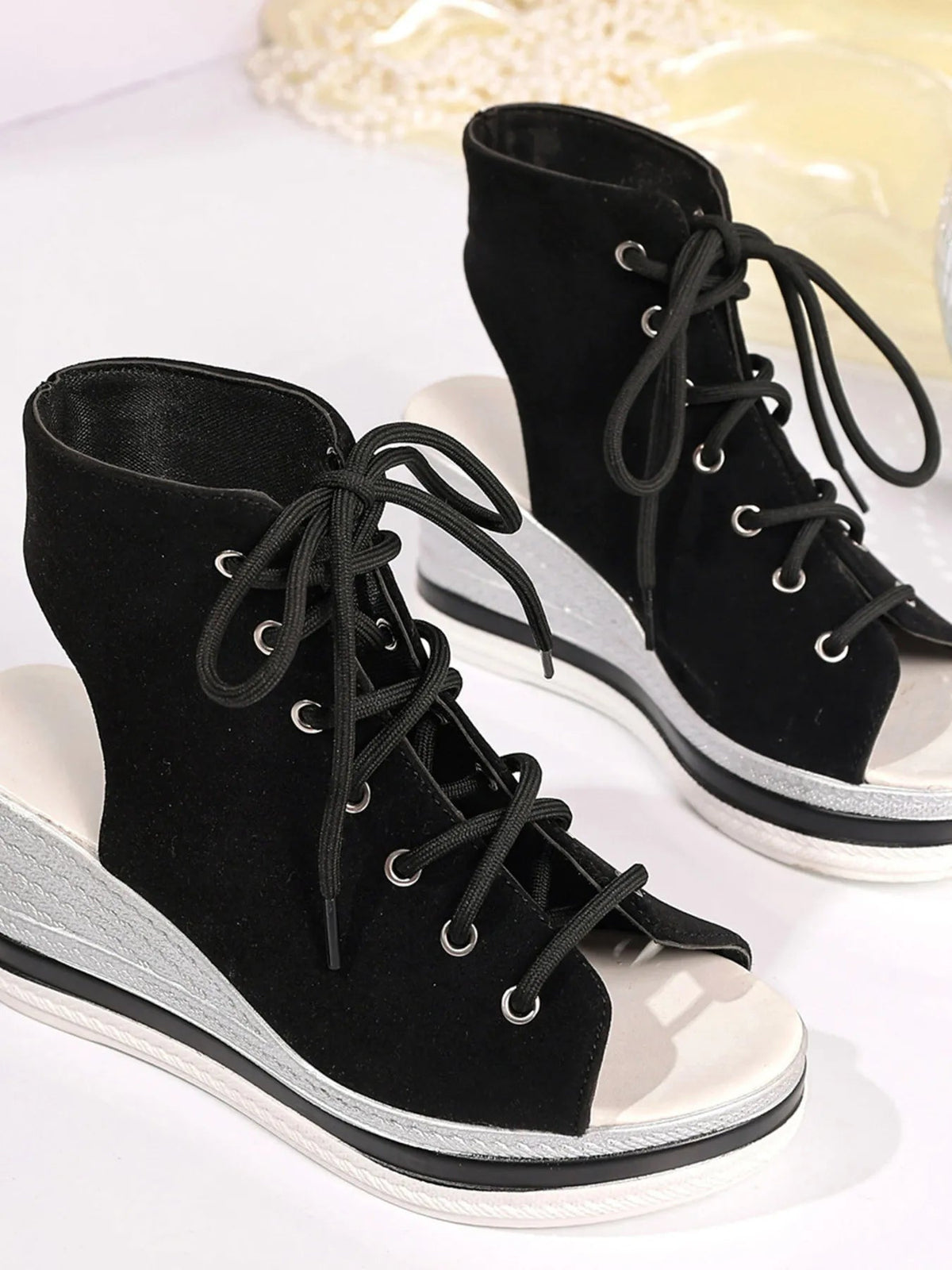 Women’s lace-up open toe mid-heel wedge sandals by Plush Fashion Hub, featuring a stylish design with comfortable wedge heel.