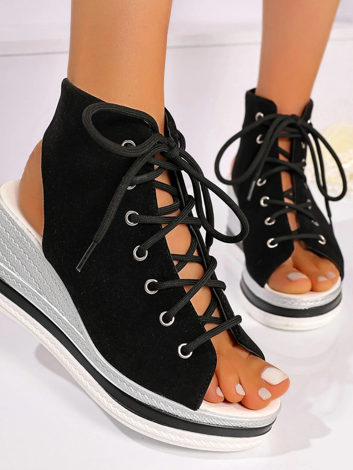 Women's lace-up open toe mid-heel wedge sandals by Plush Fashion Hub, featuring stylish design and comfortable footwear.