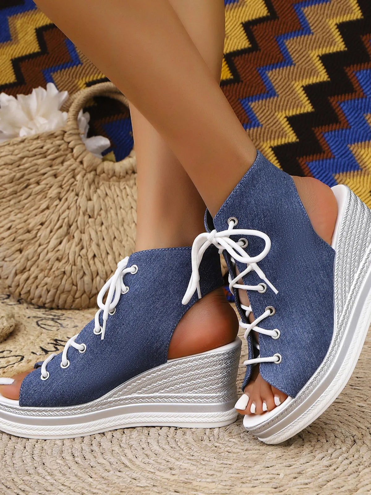 Women's lace-up open toe wedge sandals by Plush Fashion Hub with mid-height heels and stylish design.