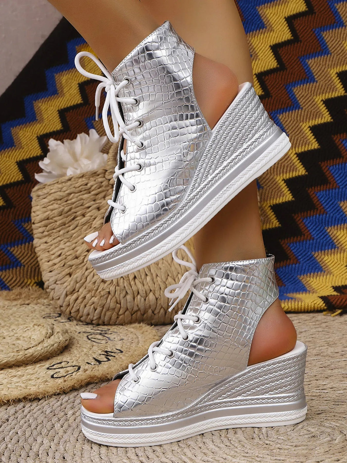 Women's lace-up open toe mid-heel wedge sandals from Plush Fashion Hub, featuring stylish design and comfortable footwear.