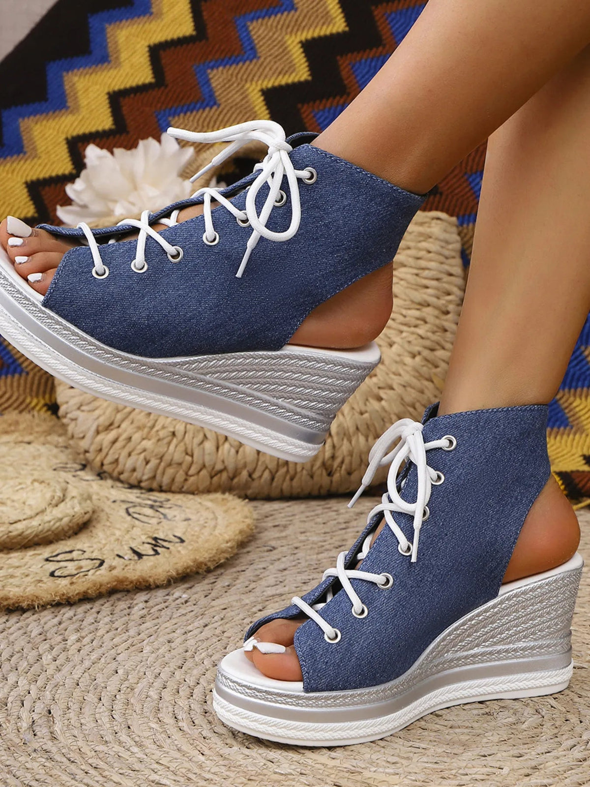 Women's lace-up open toe mid-heel wedge sandals by Plush Fashion Hub, featuring stylish design and comfortable fit.