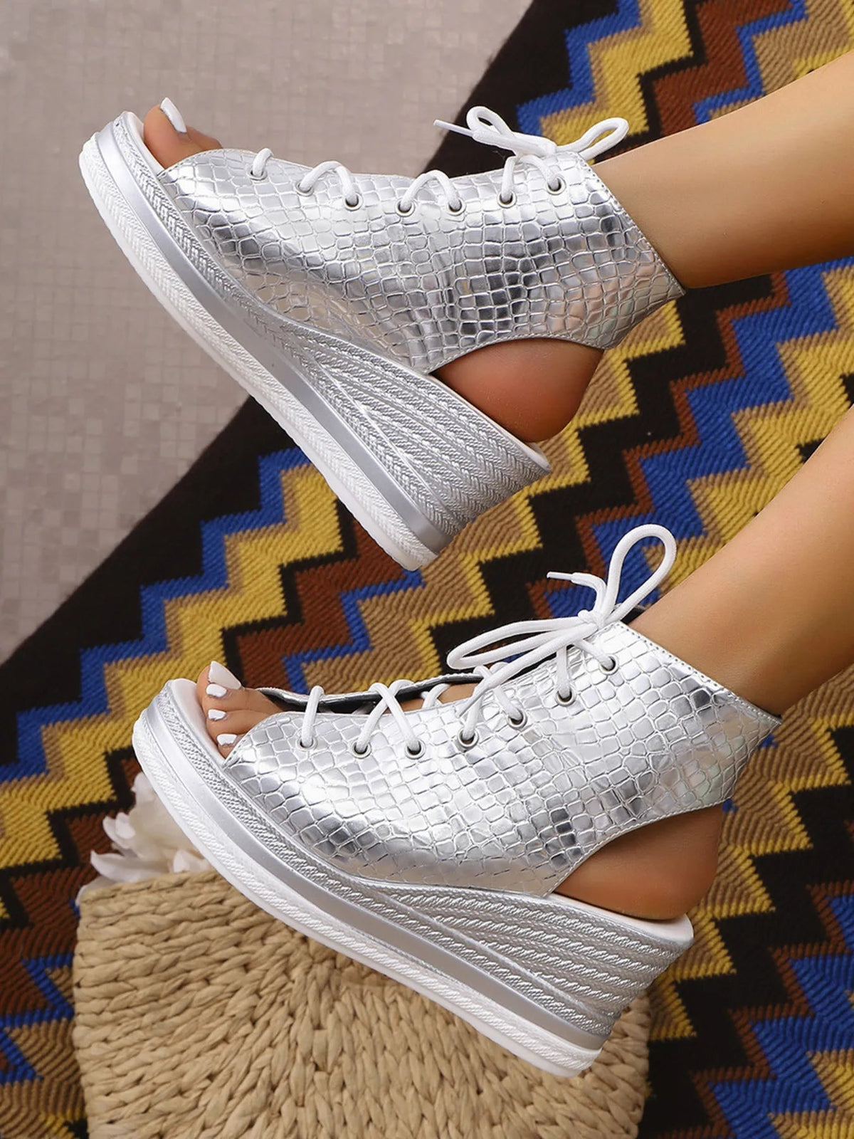 Women's Lace-Up Open Toe Mid-Heel Wedge Sandals by Plush Fashion Hub featuring strappy design and comfortable wedge heel.