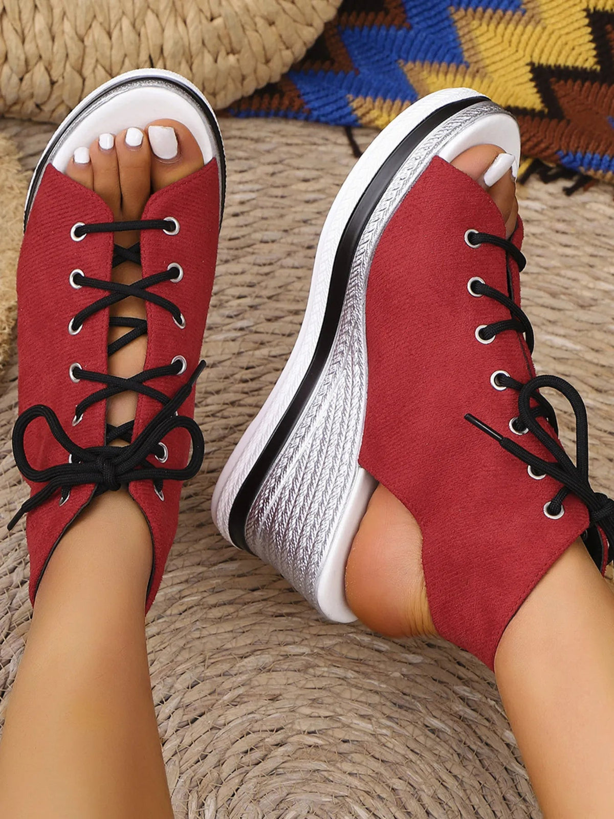 Women's lace-up open toe wedge sandals by Plush Fashion Hub, featuring a mid-heel and stylish design.