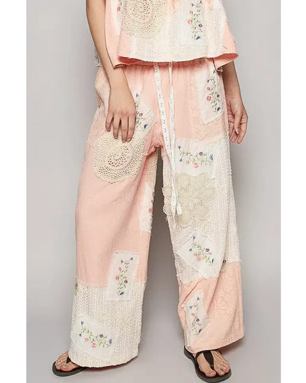 Ladies Embroidered Drawstring Lace Patch Wide Leg Pants - Plush Fashion Shop #