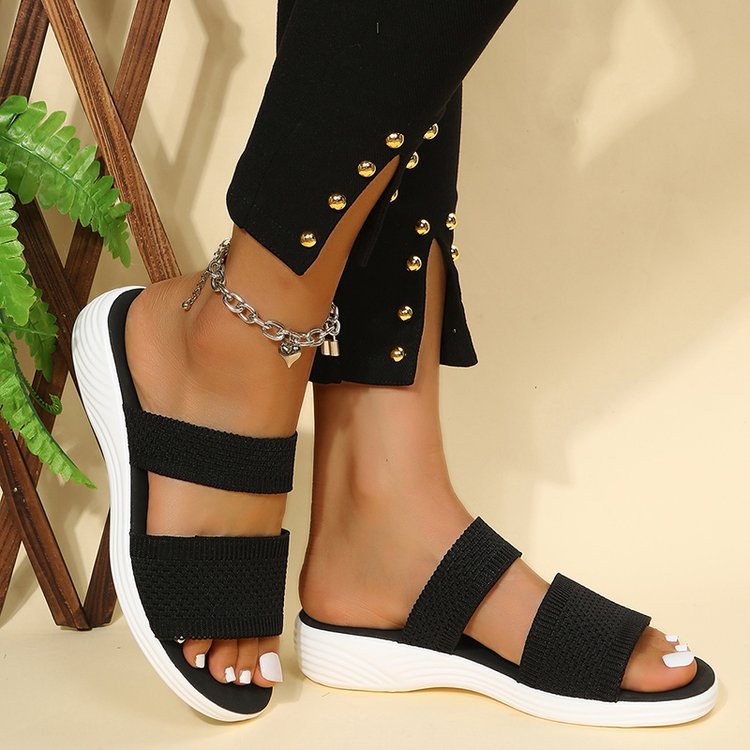 Large size LadyShow.Store fly-woven mesh casual outdoor platform beach sandals with thick sole and open-toe design.