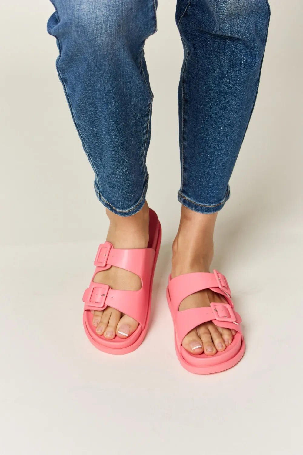 Legend Women's Double Buckle Open Toe Sandals by Plush Fashion Hub, featuring comfortable summer footwear with stylish double buckles.