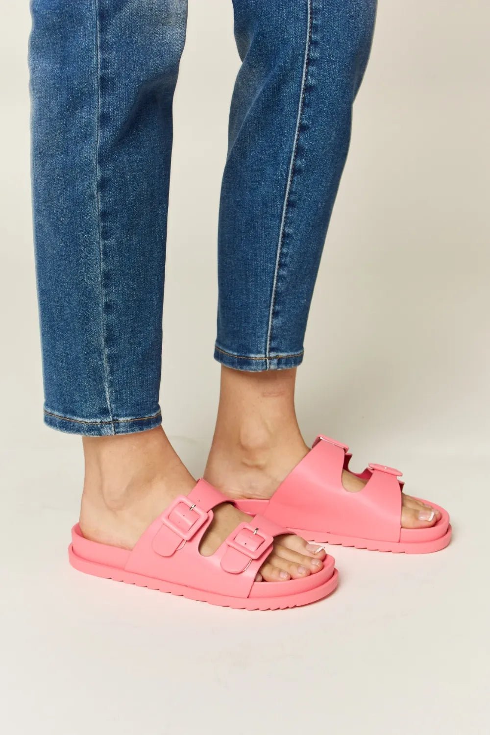 Legend Women's open toe sandals with double buckles, featuring comfortable summer footwear design by Plush Fashion Hub.