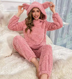 Pink square heart velvet hoodie with ear details by Pi-Mart, featuring a cozy hood and soft, plush fabric for home wear.