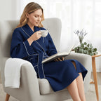 Lightweight knee-length waffle robe for women by Lotus Linen, soft and comfortable with a textured waffle fabric.