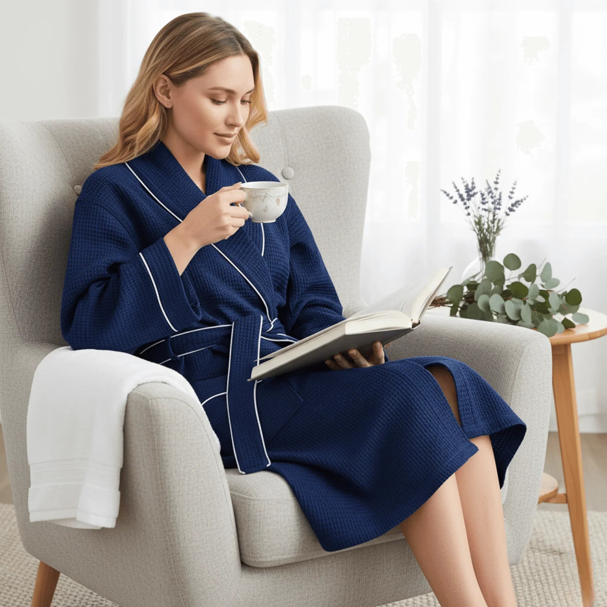 Lightweight knee-length waffle robe for women by Lotus Linen, soft and comfortable with a textured waffle fabric.