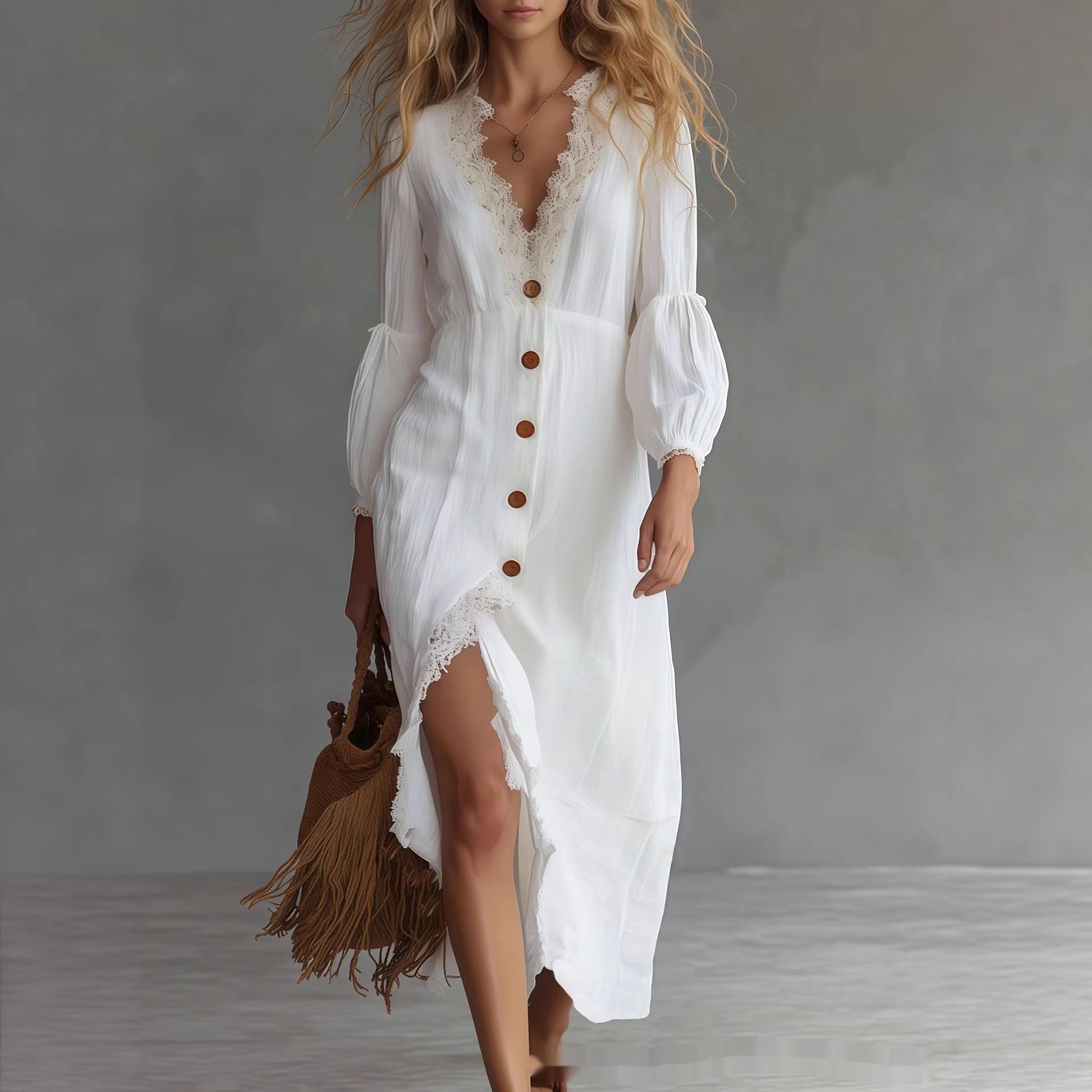 White long-sleeve chic dress by FitiqueFit, casualwear style with a sleek, fitted design and elegant collar, perfect for everyday wear.
